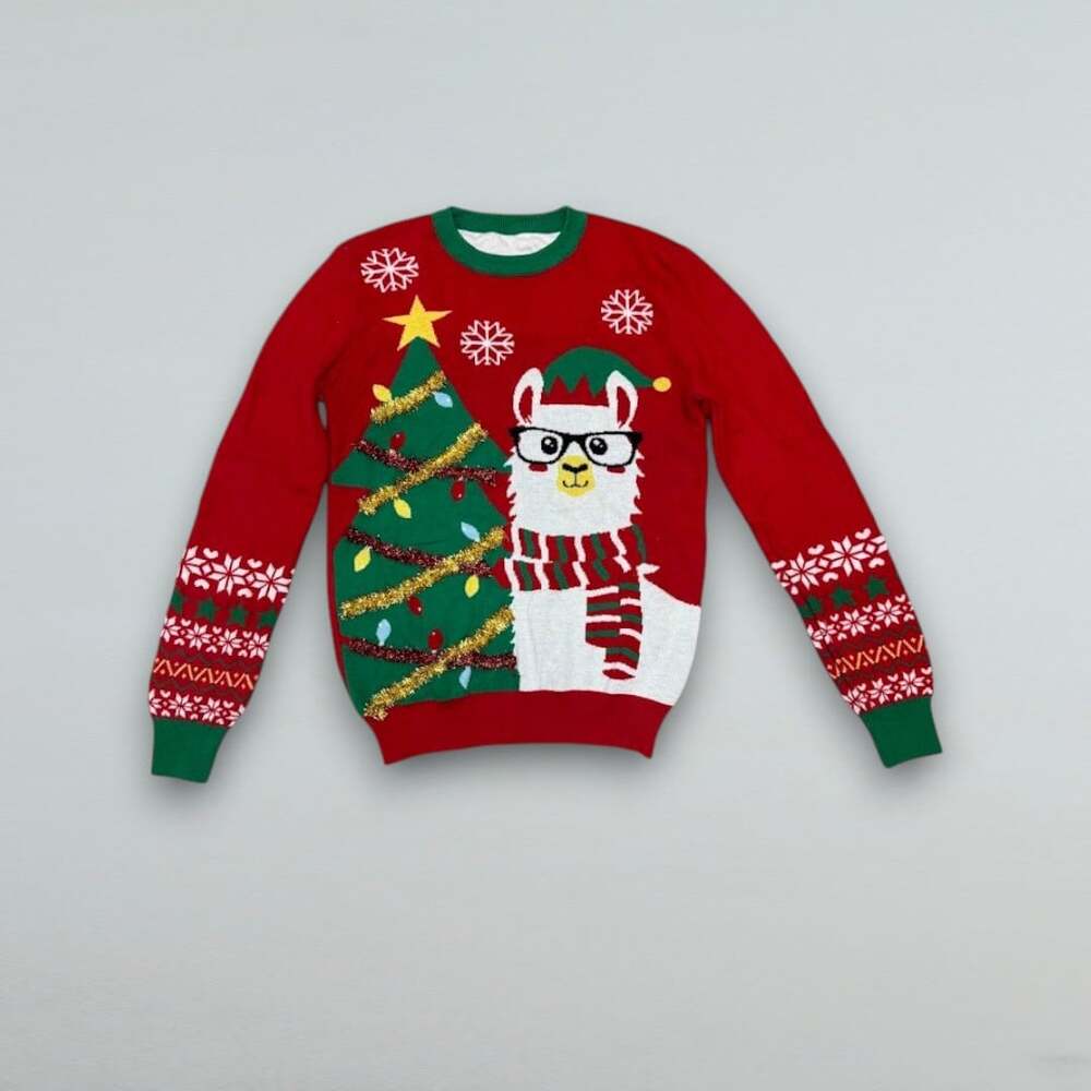 Red Christmas Llama Ugly Holiday Sweater Tinsel Youth Size 14